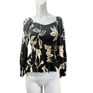 Women's NWT S Angie Black Floral Print Top Long Sleeve V Neck Shirred Boho Sexy!